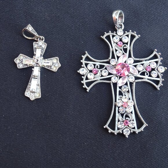 Two Ornate Crosses Silvertone with Crystals - Picture 1 of 6